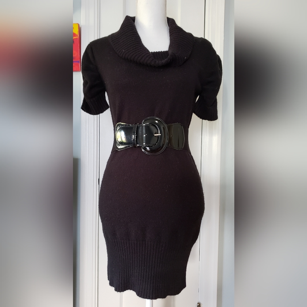 A. Byer Knit Belted Sweater Dress, Short/mini, Size M, black